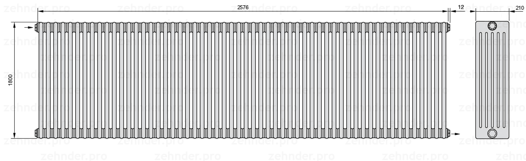 Схема (чертеж) Радиатор Zehnder Charleston 6180/56 №1670 Белый глянцевый RAL 9016